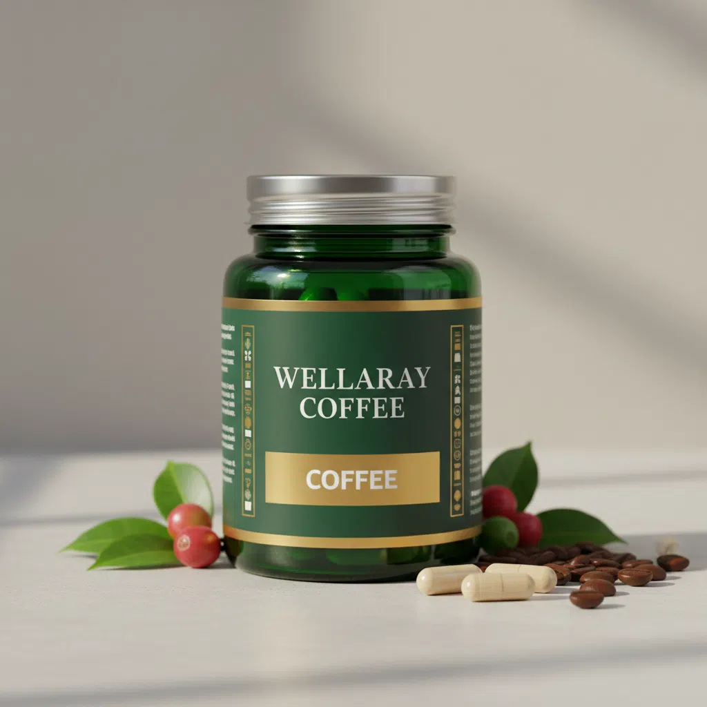 Wellaray Coffee food supplement box - dark navy with warm-yellow and pink typography, 20 sachets