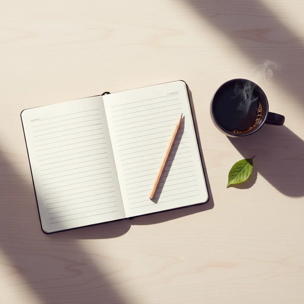Open notebook with score lines and a cup of black coffee on a cream desk - editorial review process